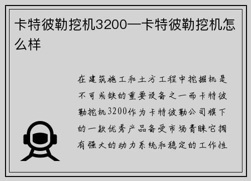 卡特彼勒挖机3200—卡特彼勒挖机怎么样