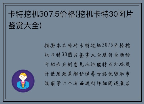 卡特挖机307.5价格(挖机卡特30图片鉴赏大全)