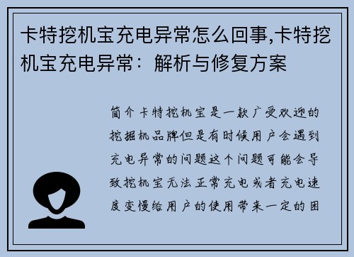 卡特挖机宝充电异常怎么回事,卡特挖机宝充电异常：解析与修复方案